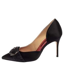 Pre Owned Carolina Herrera Black Satin Crystal Embellished Buckle Pointed Toe Pumps Size 39