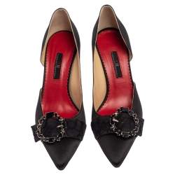 Pre Owned Carolina Herrera Black Satin Crystal Embellished Buckle Pointed Toe Pumps Size 39