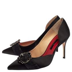 Pre Owned Carolina Herrera Black Satin Crystal Embellished Buckle Pointed Toe Pumps Size 39