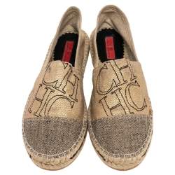 Pre Owned Carolina Herrera Metallic Gold Jute Espadrilles Slip On Loafers Size 39