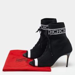 Pre Owned Carolina Herrera Black Knit Fabric  Peep Toe Ankle  Boots Size 39 