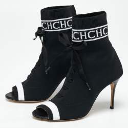 Pre Owned Carolina Herrera Black Knit Fabric  Peep Toe Ankle  Boots Size 39 