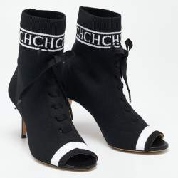 Pre Owned Carolina Herrera Black Knit Fabric  Peep Toe Ankle  Boots Size 39 