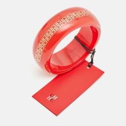  Carolina Herrera CH Red Resin Gold Tone Metal Wide Bangle Bracelet