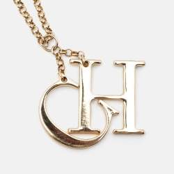 Pre Owned Carolina Herrera CH Logo Charm Gold Tone Long Toggle Pendant Necklace