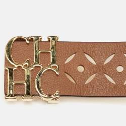 Pre Owned Carolina Herrera Brown Lasercut Leather Logo Waist Belt 90CM