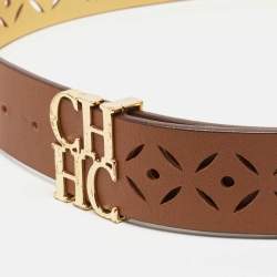 Pre Owned Carolina Herrera Brown Lasercut Leather Logo Waist Belt 90CM