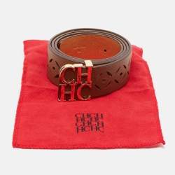 Pre Owned Carolina Herrera Brown Lasercut Leather Logo Waist Belt 90CM