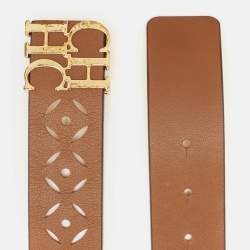 Pre Owned Carolina Herrera Brown Lasercut Leather Logo Waist Belt 90CM