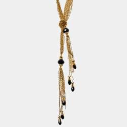 Pre Owned Carolina Hererra Black Beads Crystals Gold Tone Multi Chain Lariat Necklace