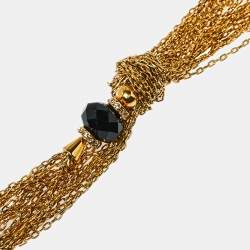 Pre Owned Carolina Hererra Black Beads Crystals Gold Tone Multi Chain Lariat Necklace