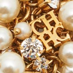 Carolina Herrera CH Faux Pearl Crystal Gold Tone Earrings