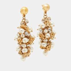 Carolina Herrera CH Faux Pearl Crystal Gold Tone Earrings