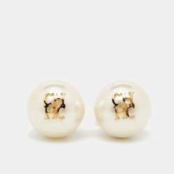 Pre Owned Carolina Herrera CH Faux Pearl Gold Tone Stud Earrings
