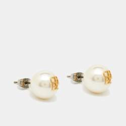 Pre Owned Carolina Herrera CH Faux Pearl Gold Tone Stud Earrings
