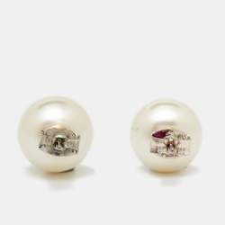 Pre Owned Carolina Herrera CH Faux Pearl Gold Tone Stud Earrings