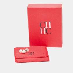  Carolina Herrera CH Faux Pearl Gold Tone Earrings