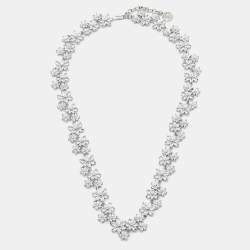 Pre Owned Carolina Herrera Flower Crystals Silver Tone Necklace and Earrings Set