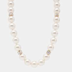 Pre Owned Carolina Herrera CH Faux Pearl Crystals Gold Tone Necklace