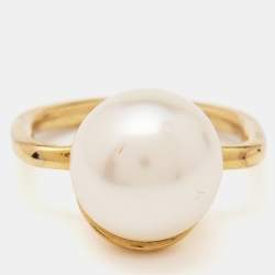 Carolina Herrera CH Faux Pearl Gold Tone Ring Size 52