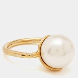 Carolina Herrera CH Faux Pearl Gold Tone Ring Size 52