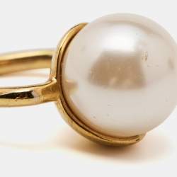 Carolina Herrera CH Faux Pearl Gold Tone Ring Size 52