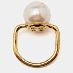 Carolina Herrera CH Faux Pearl Gold Tone Ring Size 52