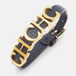 Carolina Herrera Navy Blue Leather Gold Tone Logo Charm Bracelet