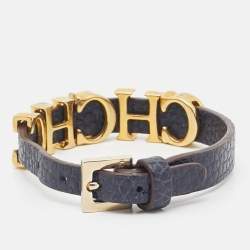 Carolina Herrera Navy Blue Leather Gold Tone Logo Charm Bracelet