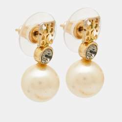 Pre Owned  Carolina Herrera CH Crystals Faux Pearl Gold Tone Earrings