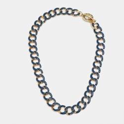 Carolina Herrera CH Blue/Orange Enamel Gold Tone Metal Necklace