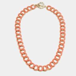 Carolina Herrera CH Blue/Orange Enamel Gold Tone Metal Necklace