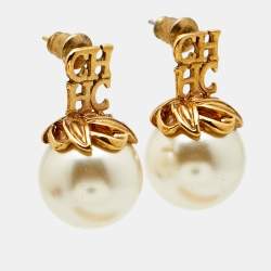 Pre Owned Carolina Herrera CH Faux Pearl Gold Tone Earrings