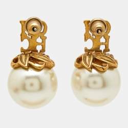 Pre Owned Carolina Herrera CH Faux Pearl Gold Tone Earrings