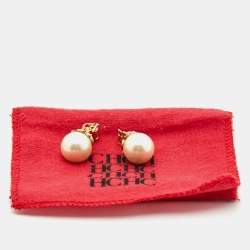 Pre Owned Carolina Herrera CH Faux Pearl Gold Tone Earrings