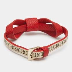 Carolina Herrera CH  Red/Beige Monogram Canvas and Leather Gold Tone Ribbon Bracelet