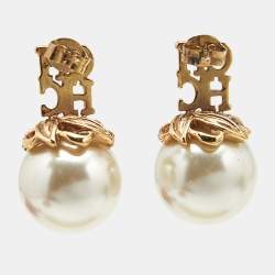 Pre Owned Carolina Herrera CH Faux Pearl Gold Tone Earrings
