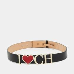 Pre Owned Carolina Herrera Black Leather I Love CH Waist Belt 75CM