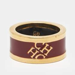 Pre Owned Carolina Herrera CH Logo Enamel Gold Tone Band Ring 54