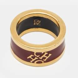 Pre Owned Carolina Herrera CH Logo Enamel Gold Tone Band Ring 54