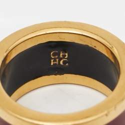 Pre Owned Carolina Herrera CH Logo Enamel Gold Tone Band Ring 54
