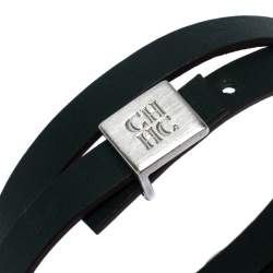 Pre Owned CH Carolina Herrera Green Leather Silver Tone Double Wrap Bracelet