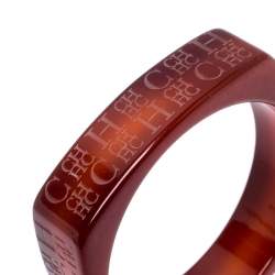 Pre Owned Carolina Herrera Tan Brown Logo Etched Wide Bangle Bracelet