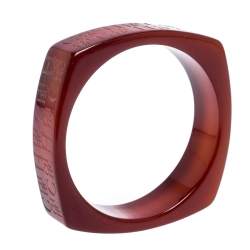 Pre Owned Carolina Herrera Tan Brown Logo Etched Wide Bangle Bracelet