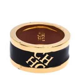 Pre Owned Carolina Herrera CH Black Enamel Gold Tone Band Ring Size 56