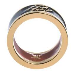 Pre Owned Carolina Herrera CH Black Enamel Gold Tone Band Ring Size 56