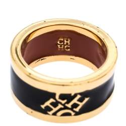 Pre Owned Carolina Herrera CH Black Enamel Gold Tone Band Ring Size 56