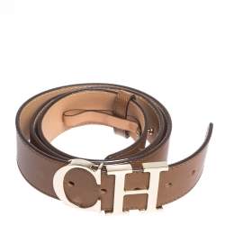 Pre Owned Carolina Herrera Brown Leather CH Logo Buckle Belt 90CM