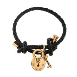 Pre Owned CH Carolina Herrera Lock & Key Braided Black Leather Gold Tone Bracelet
