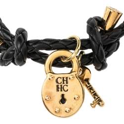 Pre Owned CH Carolina Herrera Lock & Key Braided Black Leather Gold Tone Bracelet